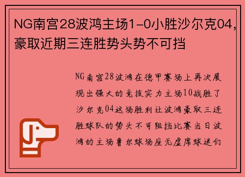 NG南宫28波鸿主场1-0小胜沙尔克04，豪取近期三连胜势头势不可挡